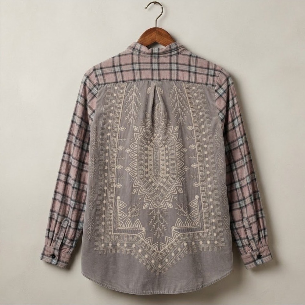 Johnny Was Biya Plaid Embroidered Corduroy Back Button Down‎ Shirt Pink Grey XL